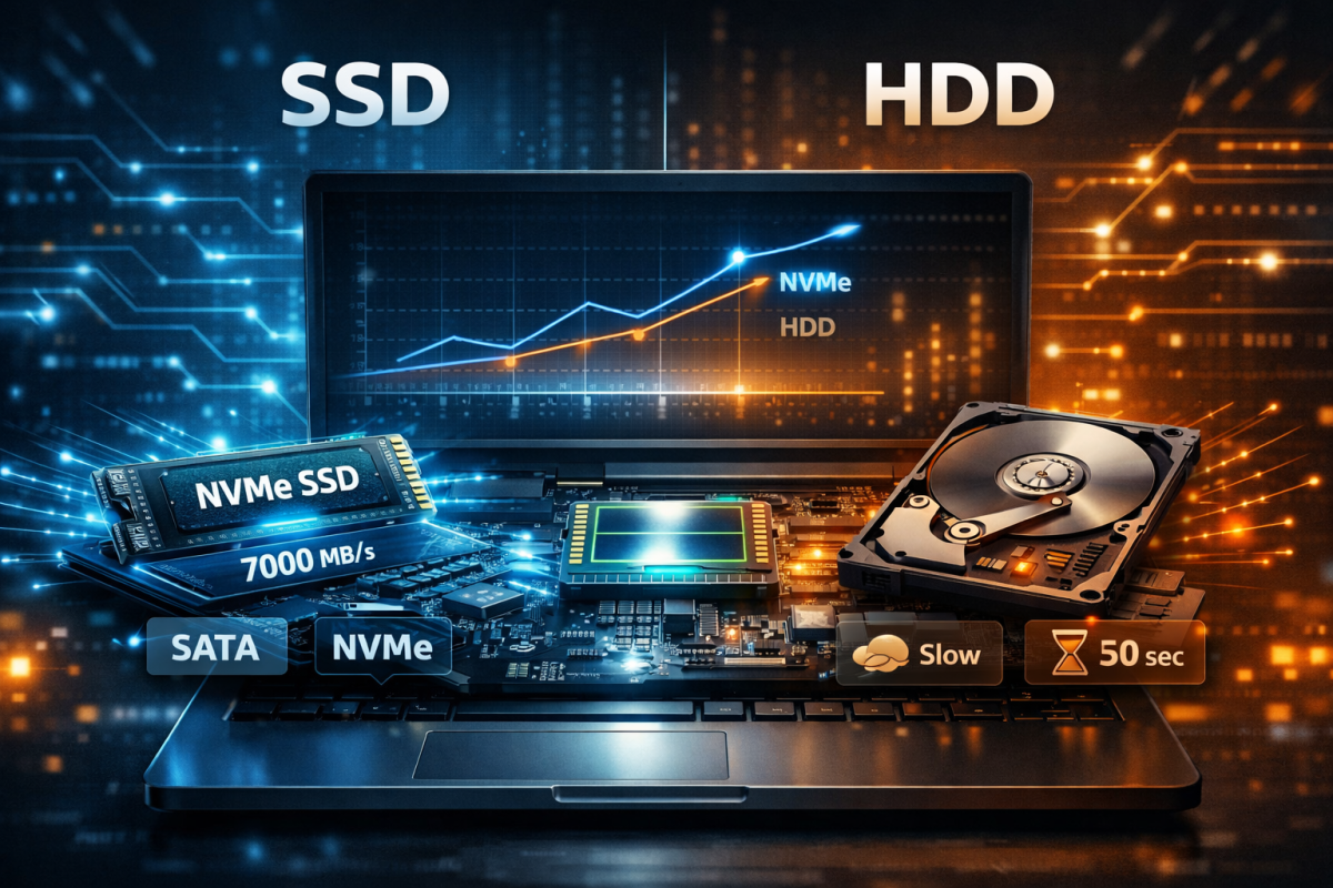 مقایسه SSD و HDD در راهنمای خرید لپتاپ با نمایش سرعت NVMe و SATA