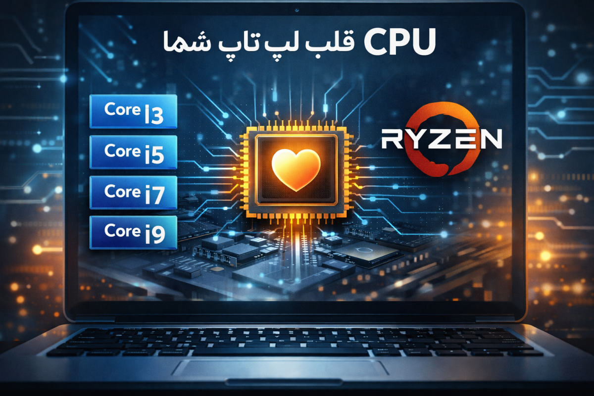 پردازنده لپتاپ بهعنوان قلب سیستم با آیکونهای i3، i5، i7، i9 و Ryzen در راهنمای خرید لپتاپ